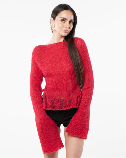 KIMONO SIDE-TIE SWEATER - RED