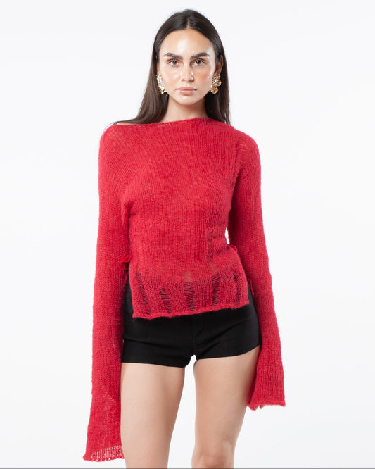KIMONO SIDE-TIE SWEATER - RED