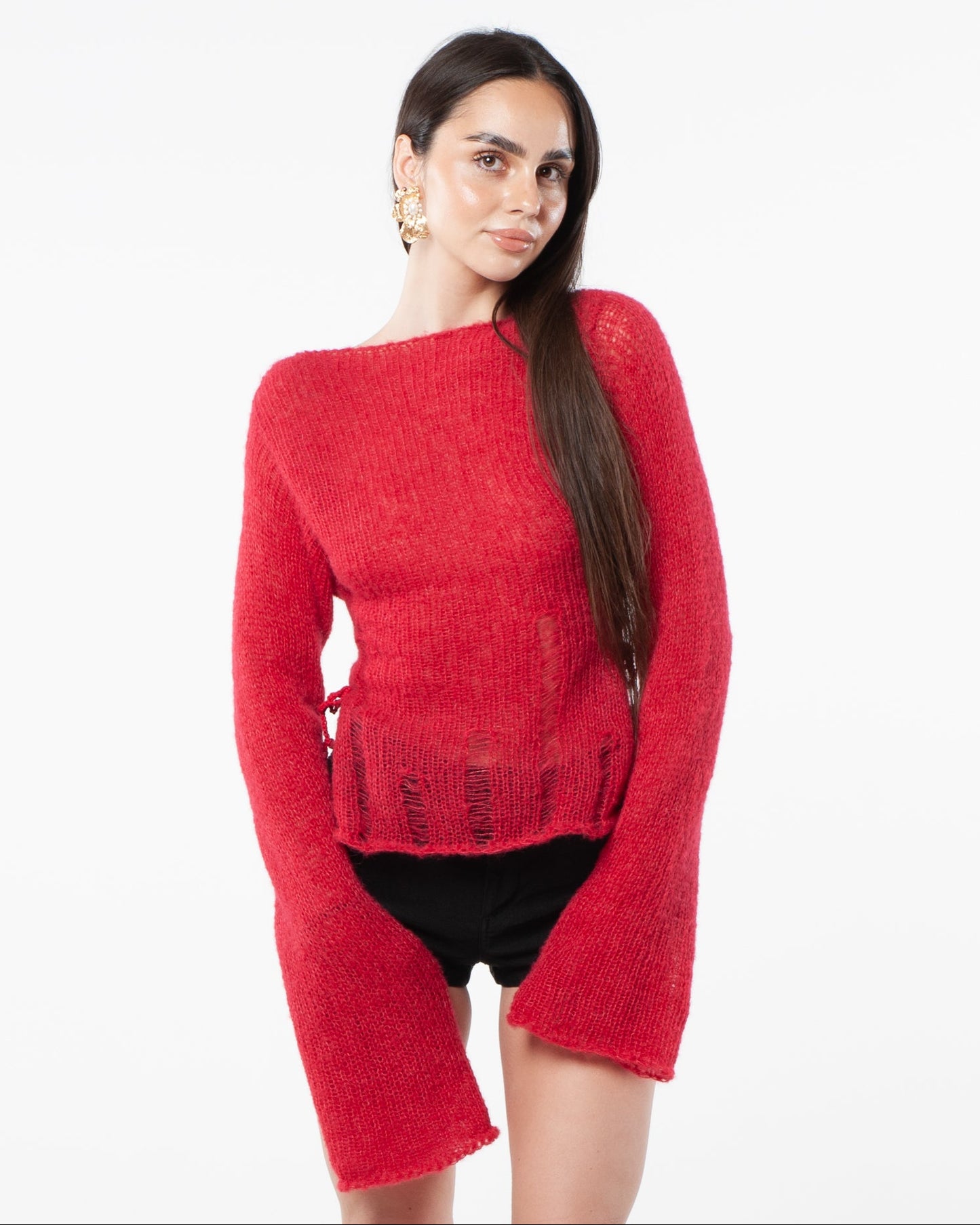 KIMONO SIDE-TIE SWEATER - RED